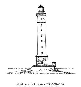 Silhouette-Leuchtturm auf weißem Hintergrund, schwarz-weißer Vektorgrafik