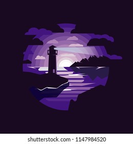 silhouette lighthouse in night sea illustration . Lighthouse by the sea with mountains,night sky. Night landscape.Negative space circle.Purple colored.Flat design