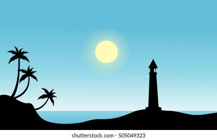 Silhouette of lighthouse on beach vector illustration