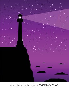 Silhouette of a Lighthouse on a Cliff by Starlit Night Sea. Landscapes and architecture concept vector art