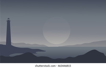 Silhouette of lighthouse on gray background illustration
