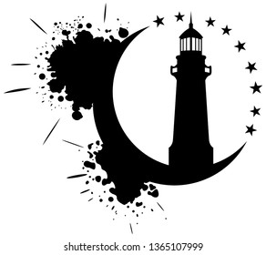 silhouette of a lighthouse on the moon with stars. Illustration isolated on white background.