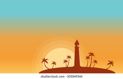 Silhouette of lighthouse and palm at sunset vector illustration