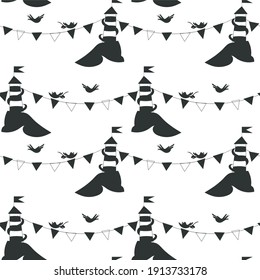 silhouette lighthouse seamless pattern,  lighthouse on top of a rocky coast with a lot of big waves, vector illustration