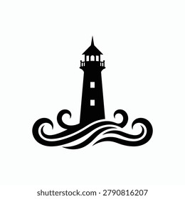 Silhouette of a lighthouse with swirling waves beneath it