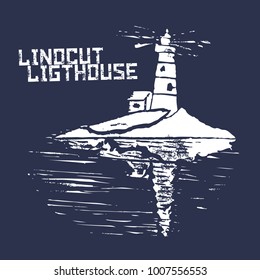 Silhouette of Lighthouse: Vector Linocut Illustration