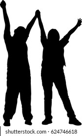 Silhouette like of happy friend hold hands up in the air for their success