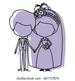 silhouette lilac color shadow of contour caricature faceless newly married couple groom with formal wear and bride with collected hairstyle vector illustration