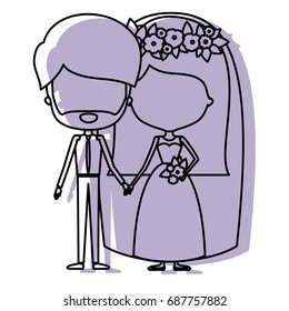 silhouette lilac color shadow of contour caricature faceless newly married couple bearded groom with formal wear and bride with straight medium hairstyle vector illustration