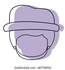 silhouette lilac color shadow of contour caricature closeup front view faceless guy with hairstyle and beard and hat vector illustration