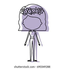 silhouette lilac color shadow of contour caricature faceless skinny woman in clothes with wavy short hairstyle and flower crown accesory vector illustration