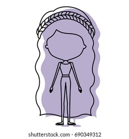 silhouette lilac color shadow of contour caricature faceless skinny woman in clothes with wavy long hairstyle and flower crown accesory vector illustration