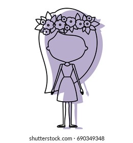 silhouette lilac color shadow of contour caricature faceless skinny woman in clothes with long hairstyle and flower crown accesory vector illustration