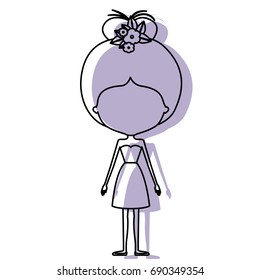 silhouette lilac color shadow of contour caricature faceless skinny woman in clothes with bun collected hairstyle and flower crown accesory vector illustration