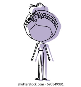 silhouette lilac color shadow of contour caricature faceless skinny woman in clothes with bun collected hairstyle and flower crown accesory vector illustration