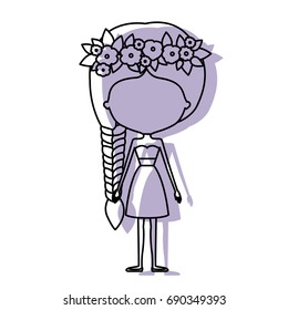 silhouette lilac color shadow of contour caricature faceless skinny woman in clothes with side braid hairstyle and flower crown accesory vector illustration