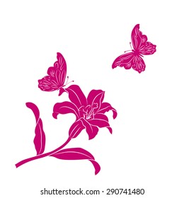 Silhouette Lily and butterfly. Pink outline on white background. Vector illustration.