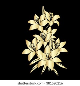 Silhouette Lily. Golden outline on black background. Vector illustration.