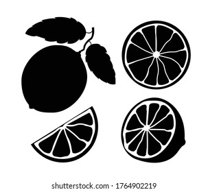 Silhouette of limes, oranges, lemons in black and white colors. Set. Drawing isolated on a white background. Stock vector illustration.