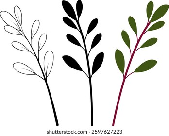 silhouette, line art and colored set of botanical tree branches with leafs. Vector illustration