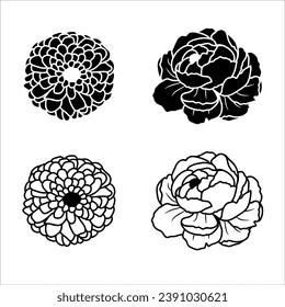 Silhouette and line art of flowers zinnia and peony isolated on white
