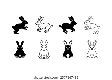 Silhouette and line art vector illustration of cute bunnies. Playful rabbits in black and white.