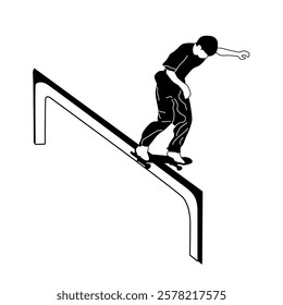 silhouette line art vector skateboard with balance on long iron track