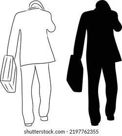 silhouette and line drawing of man walking away, wearig business suit holding briefecase, isolated vector over white background