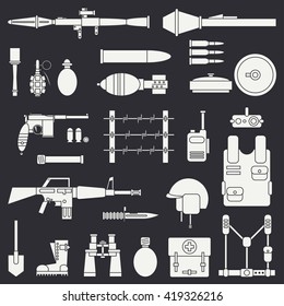 Silhouette. Line flat vector military icon set. Army equipment and weapons. Cartoon style. Vector illustration. Military and war icons set. Infographic design elements for design.