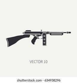Silhouette. Line flat vector military icon - machine gun. Army equipment and armament. Legendary retro weapon. Cartoon. Assault. Soldiers. Slug. War. Illustration and element for design and wallpaper.