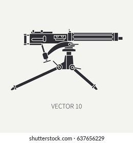Silhouette. Line flat vector military icon - machine gun. Army equipment and armament. Legendary retro weapon. Cartoon. Assault. Soldiers. Slug. War. Illustration and element for design and wallpaper.