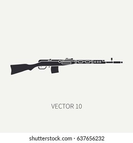 Silhouette. Line flat vector military icon rifle, carbine. Army equipment and armament. Legendary retro weapon. Cartoon. Assault. Soldiers. Slug. War. Illustration and element for design and wallpaper