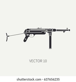 Silhouette. Line flat vector military icon - machine gun. Army equipment and armament. Legendary retro weapon. Cartoon. Assault. Soldiers. Slug. War. Illustration and element for design and wallpaper.