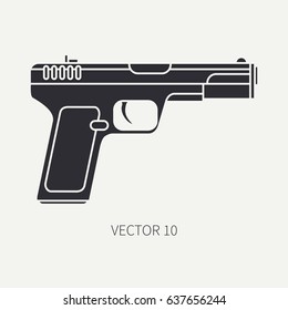 Silhouette. Line flat vector military icon handgun, pistol. Army equipment and armament. Legendary retro weapon. Cartoon. Assault. Soldier. Slug. War. Illustration and element for design and wallpaper