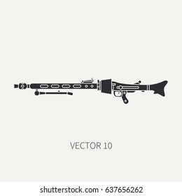 Silhouette. Line flat vector military icon - machine gun. Army equipment and armament. Legendary retro weapon. Cartoon. Assault. Soldiers. Slug. War. Illustration and element for design and wallpaper.