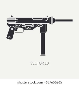 Silhouette. Line flat vector military icon - machine gun. Army equipment and armament. Legendary retro weapon. Cartoon. Assault. Soldiers. Slug. War. Illustration and element for design and wallpaper.