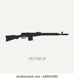Silhouette. Line flat vector military icon rifle, carbine. Army equipment and armament. Legendary retro weapon. Cartoon. Assault. Soldiers. Slug. War. Illustration and element for design and wallpaper