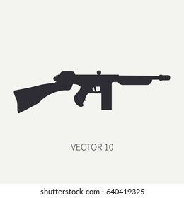Silhouette. Line flat vector military icon - machine gun. Army equipment and armament. Legendary retro weapon. Cartoon. Assault. Soldiers. War. Illustration and element for your design and wallpaper.