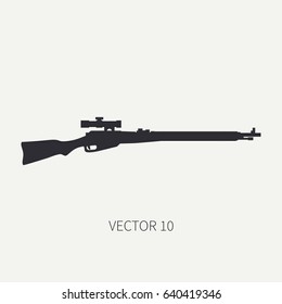 Silhouette. Line flat vector military icon rifle, carbine. Army equipment and armament. Legendary retro weapon. Cartoon. Assault. Soldiers. Slug. War. Illustration and element for design and wallpaper