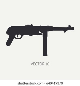 Silhouette. Line flat vector military icon - machine gun. Army equipment and armament. Legendary retro weapon. Cartoon. Assault. Soldiers. War. Illustration and element for your design and wallpaper.