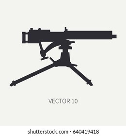Silhouette. Line flat vector military icon - machine gun. Army equipment and armament. Legendary retro weapon. Cartoon. Assault. Soldiers. Slug. War. Illustration and element for design and wallpaper.