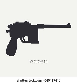 Silhouette. Line flat vector military icon handgun, pistol. Army equipment and armament. Legendary retro weapon. Cartoon. Assault. Soldier. Slug. War. Illustration and element for design and wallpaper