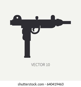 Silhouette. Line flat vector military icon - machine gun. Army equipment and armament. Legendary retro weapon. Cartoon. Assault. Soldiers. Slug. War. Illustration and element for design and wallpaper.