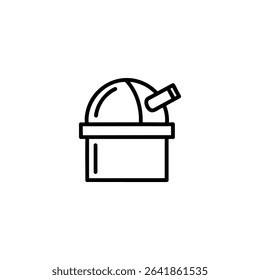 Silhouette line icon of an astronomical observatory, featuring a cylindrical base and a domed roof with a slit. Monochrome vector for science or research themes.