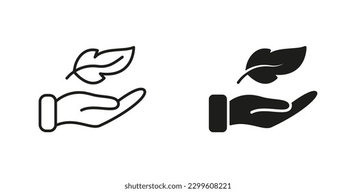 Silhouette Y Juego De Icono De Línea De Plumas Ligeras En Mano. Suave Pluma Suave. Pictograma Negro De Pluma Suave Y Delicada. Colección de símbolos livianos. Ilustración de vectores aislados.