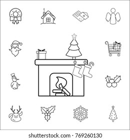 Silhouette line icon socks by fireplace. Set of Christmas and New Year icons. Signs, outline symbols collection, simple thin line icons for websites, web design, mobile app on white background