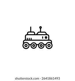 Silhouette line icon of a space rover, showing a boxy body, six wheels, and an antenna. Monochrome vector for planetary exploration or science themes.