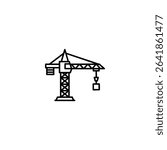 Silhouette line icon of a tower crane, showing a mast, jib, and counterweight. Monochrome vector for construction or industrial themes.