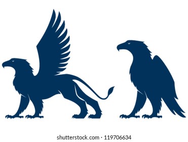 silhouette line illustration of a griffin spreading his wings and an eagle, isolated on white. Logo design, emblem or sport team mascot. Vector eps file.