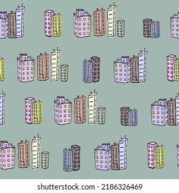 Silhouette line, large city pattern. Green background with doodle house.